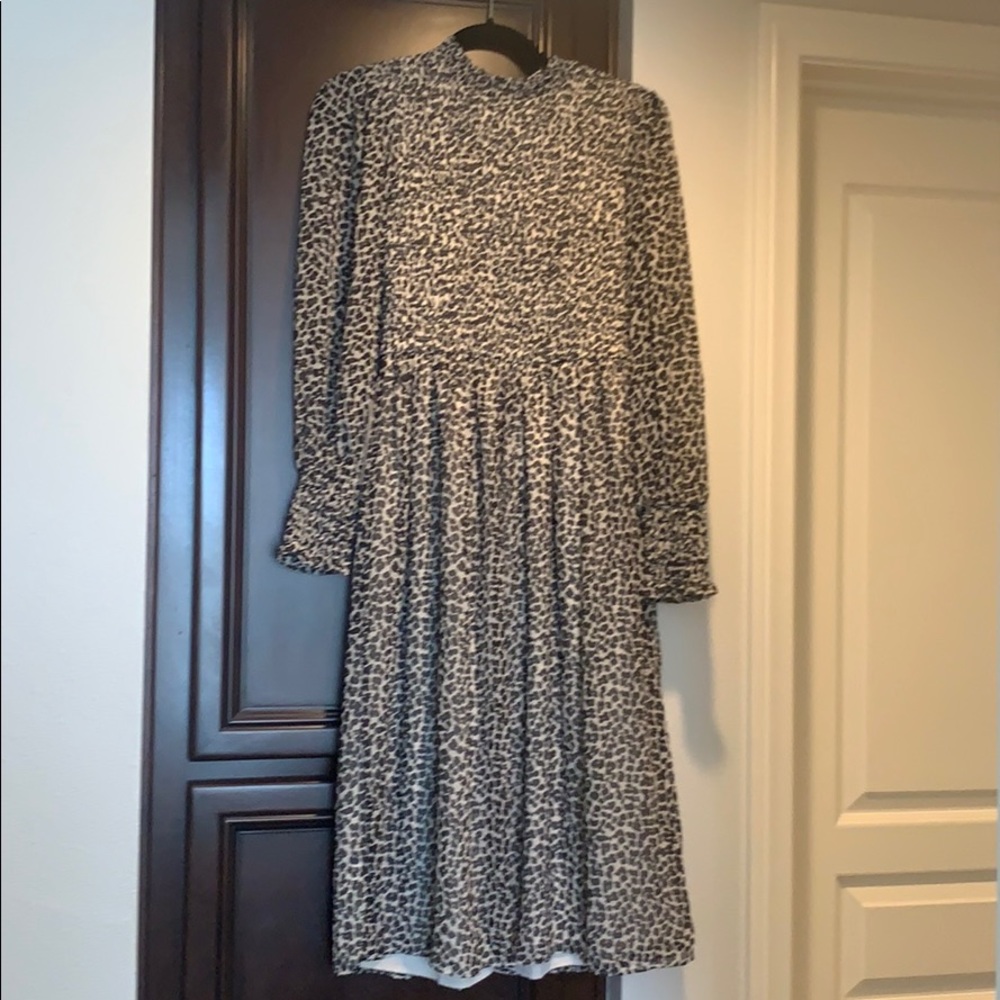Leopard long sleeve smocked midi dress